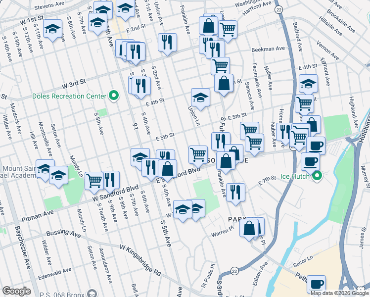 map of restaurants, bars, coffee shops, grocery stores, and more near 421 South 1st Avenue in Mount Vernon