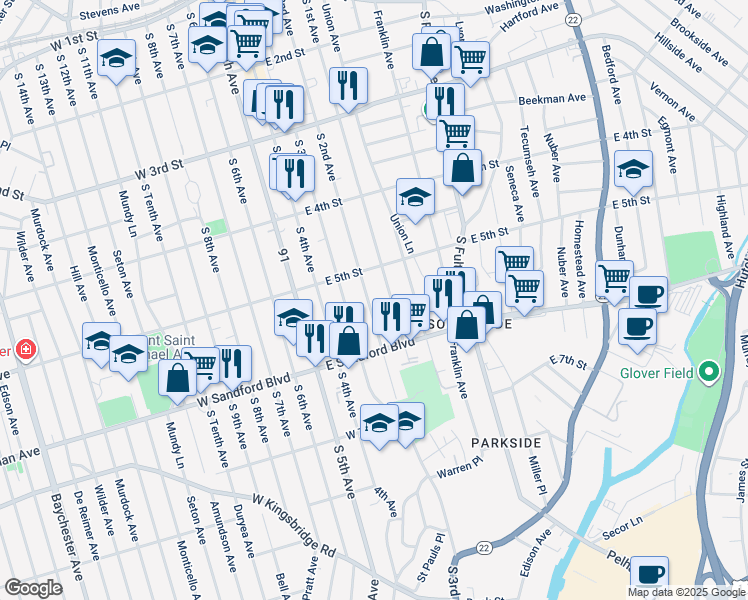 map of restaurants, bars, coffee shops, grocery stores, and more near 410 South 2nd Avenue in Mount Vernon