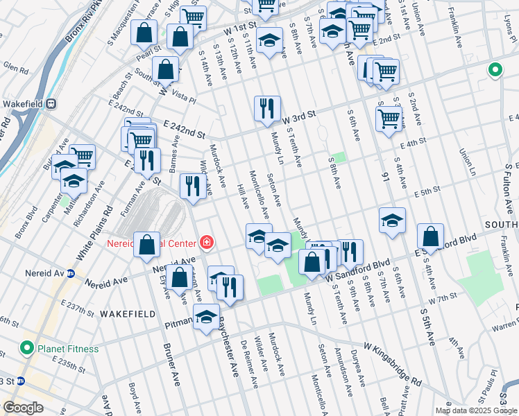 map of restaurants, bars, coffee shops, grocery stores, and more near 4458 Monticello Avenue in Bronx