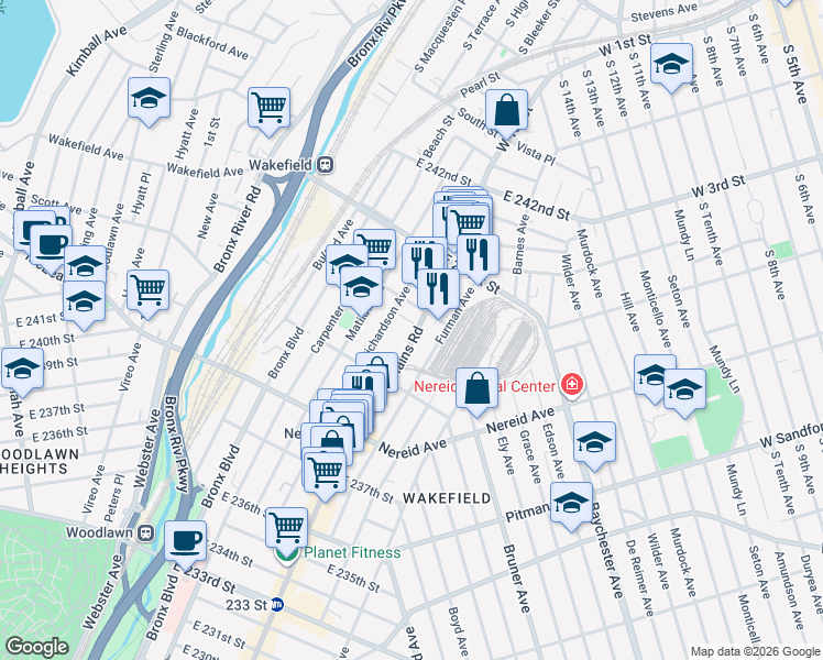 map of restaurants, bars, coffee shops, grocery stores, and more near in Bronx