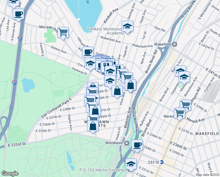 map of restaurants, bars, coffee shops, grocery stores, and more near 260 East 241st Street in Yonkers