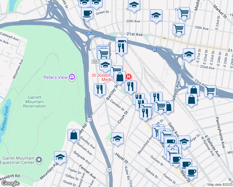 map of restaurants, bars, coffee shops, grocery stores, and more near 152 Barclay Street in Paterson