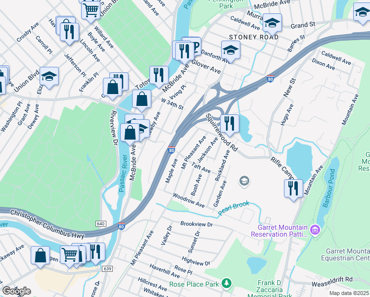map of restaurants, bars, coffee shops, grocery stores, and more near 139 Maple Avenue in Woodland Park