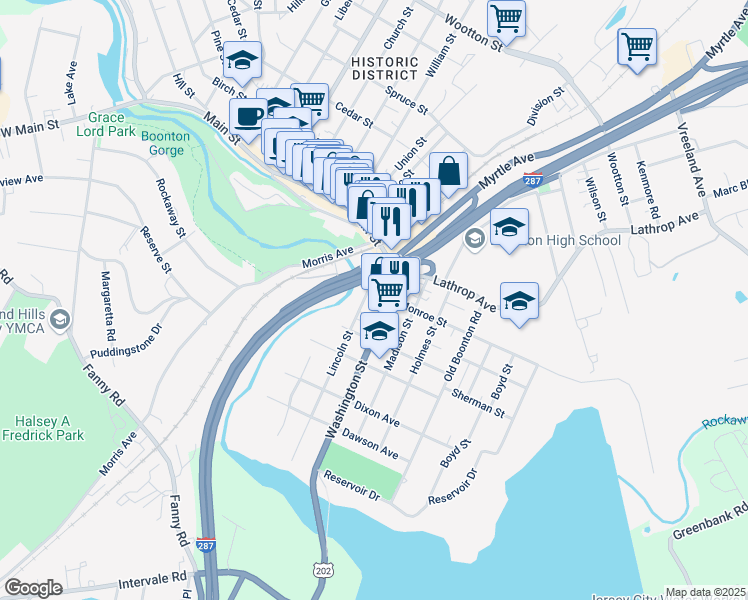 map of restaurants, bars, coffee shops, grocery stores, and more near 115 Monroe Street in Boonton