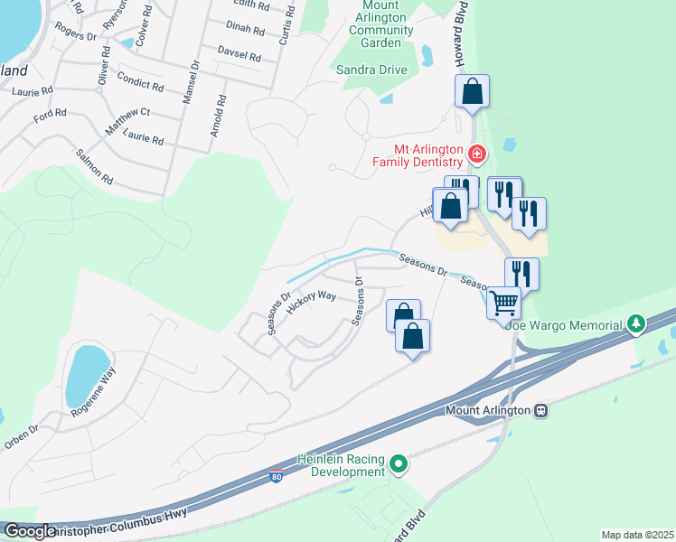 map of restaurants, bars, coffee shops, grocery stores, and more near 112 Brookside Lane in Mount Arlington