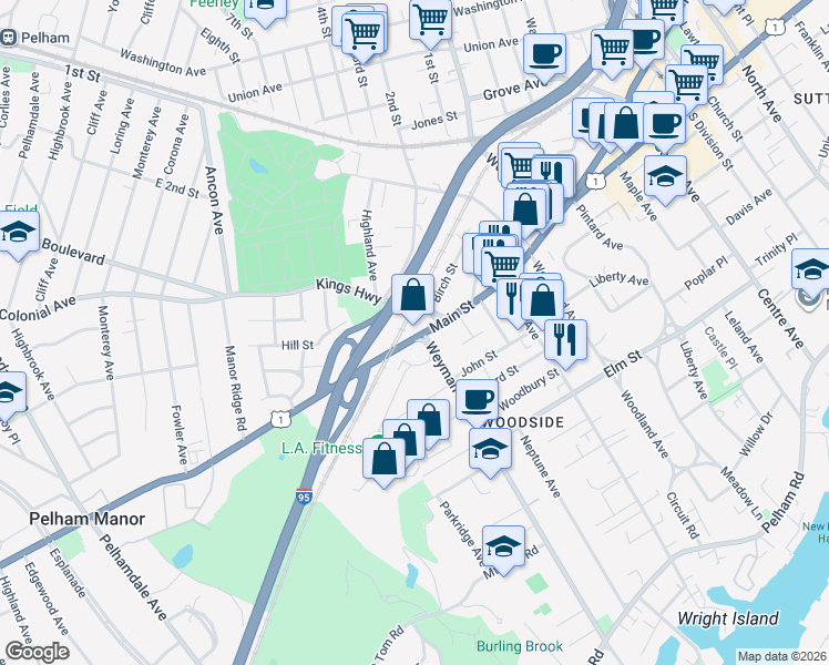 map of restaurants, bars, coffee shops, grocery stores, and more near 813 Main Street in New Rochelle
