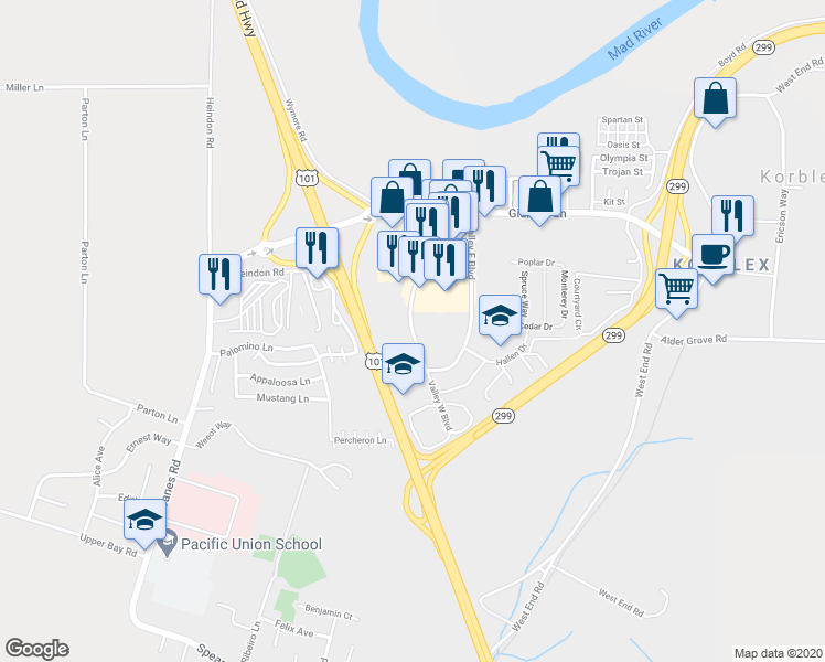 map of restaurants, bars, coffee shops, grocery stores, and more near 4748 Valley West Boulevard in Arcata