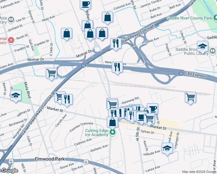 map of restaurants, bars, coffee shops, grocery stores, and more near 115 County Road 67 in Saddle Brook