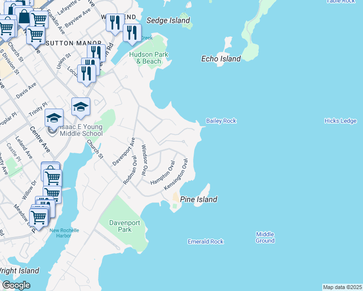 map of restaurants, bars, coffee shops, grocery stores, and more near 11 Beachfront Lane in New Rochelle