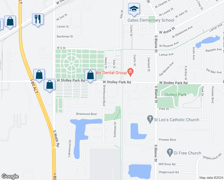 map of restaurants, bars, coffee shops, grocery stores, and more near 3023 West Stolley Park Road in Grand Island