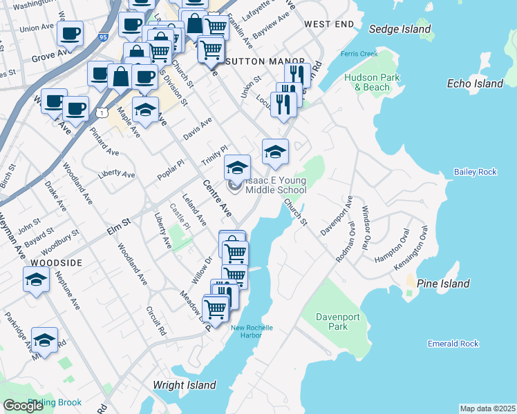 map of restaurants, bars, coffee shops, grocery stores, and more near 210 Pelham Road in New Rochelle