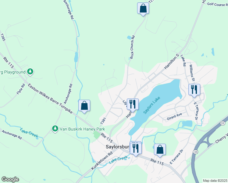 map of restaurants, bars, coffee shops, grocery stores, and more near 173 Brick Church Road in Saylorsburg