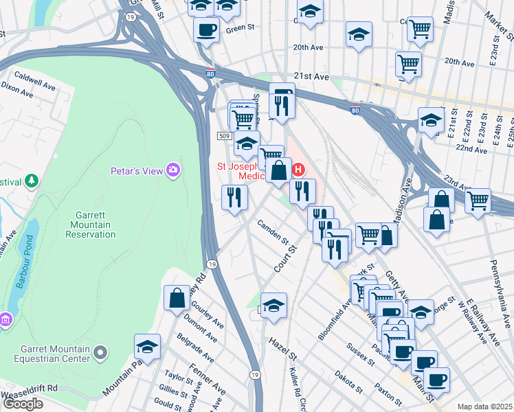 map of restaurants, bars, coffee shops, grocery stores, and more near 135 Barclay Street in Paterson