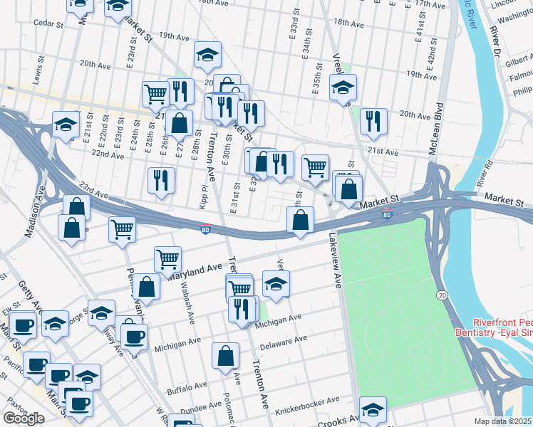 map of restaurants, bars, coffee shops, grocery stores, and more near 671 East 33rd Street in Paterson