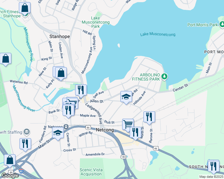 map of restaurants, bars, coffee shops, grocery stores, and more near 30 Dell Avenue in Netcong