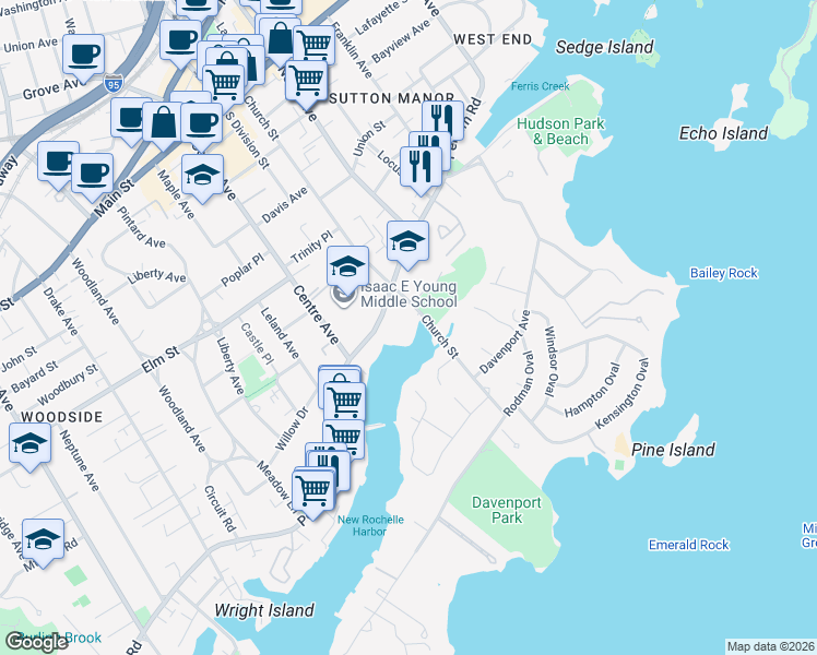 map of restaurants, bars, coffee shops, grocery stores, and more near 254 Pelham Road in New Rochelle