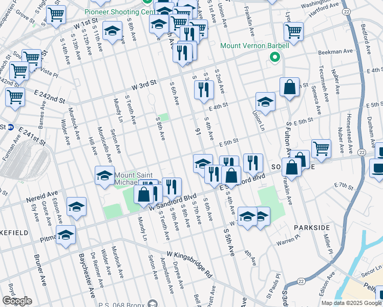 map of restaurants, bars, coffee shops, grocery stores, and more near 34 West 5th Street in Mount Vernon