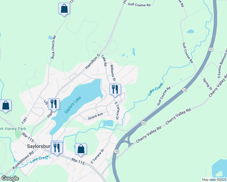 map of restaurants, bars, coffee shops, grocery stores, and more near 102 Hilltop Road in Saylorsburg