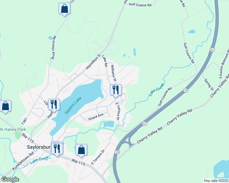 map of restaurants, bars, coffee shops, grocery stores, and more near 102 Hilltop Road in Saylorsburg