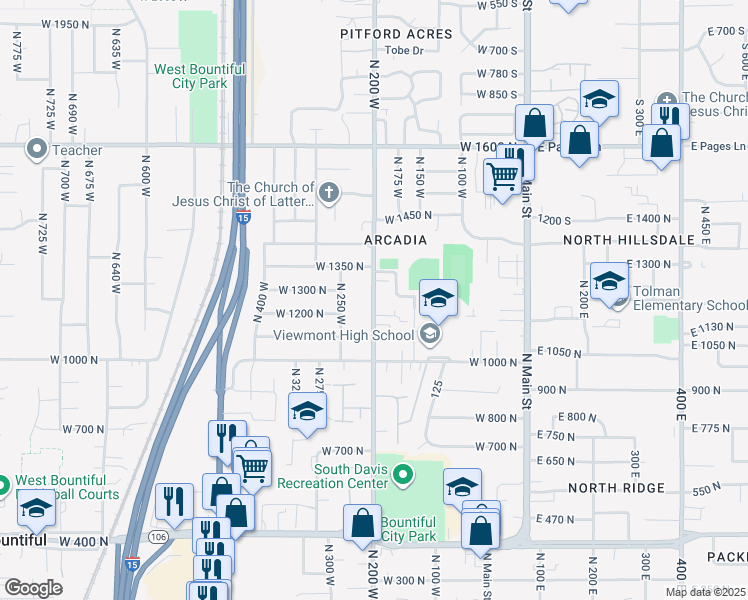 map of restaurants, bars, coffee shops, grocery stores, and more near 1266 North 200 West in Bountiful