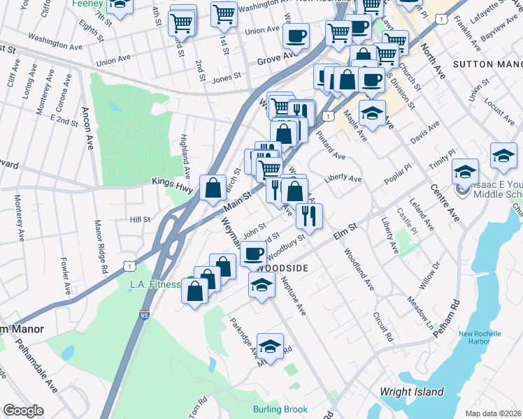 map of restaurants, bars, coffee shops, grocery stores, and more near 21 Drake Avenue in New Rochelle