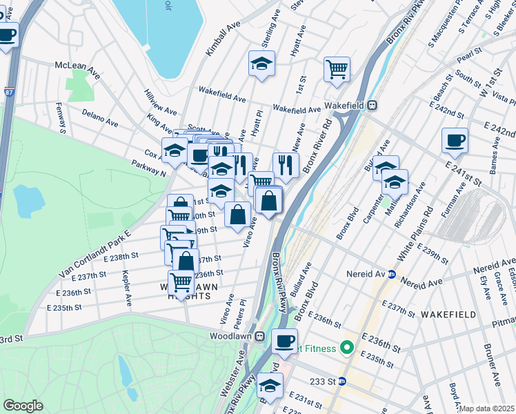 map of restaurants, bars, coffee shops, grocery stores, and more near in The Bronx