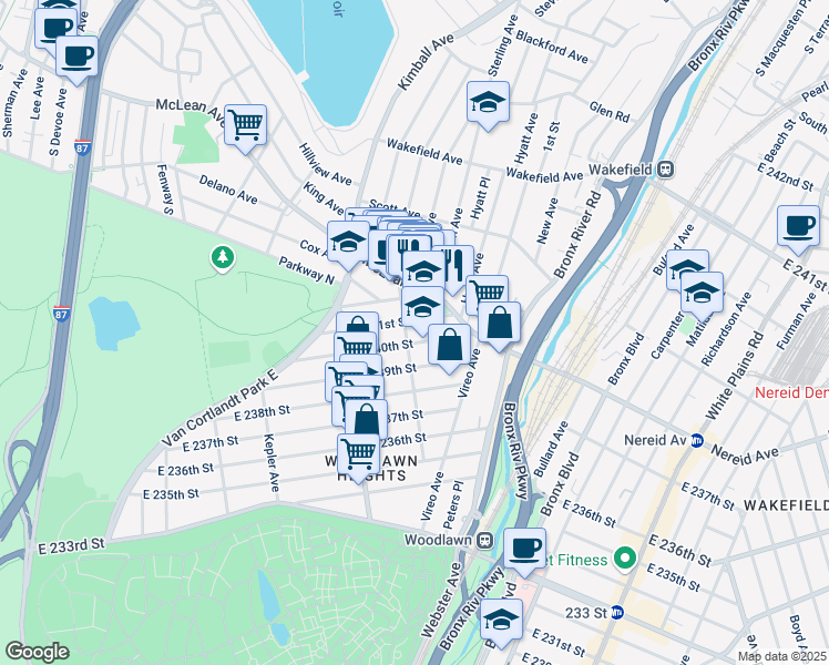 map of restaurants, bars, coffee shops, grocery stores, and more near 260 East 241st Street in Yonkers