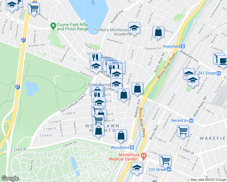 map of restaurants, bars, coffee shops, grocery stores, and more near 4391 Martha Avenue in The Bronx