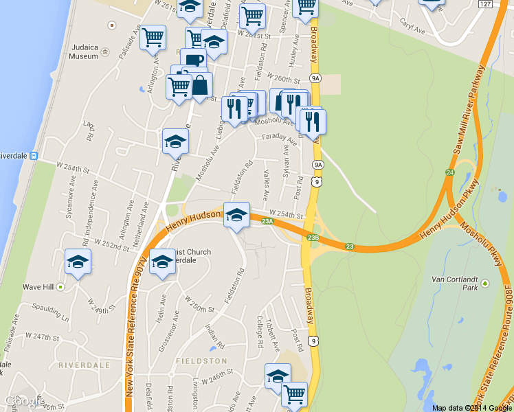 map of restaurants, bars, coffee shops, grocery stores, and more near 273 West 254th Street in Bronx