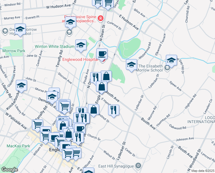 map of restaurants, bars, coffee shops, grocery stores, and more near 285 Engle Street in Englewood