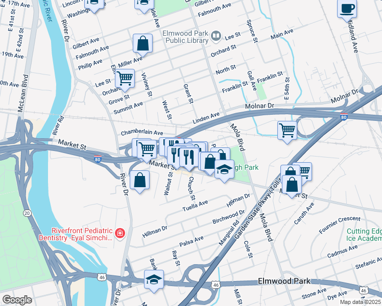 map of restaurants, bars, coffee shops, grocery stores, and more near in Elmwood Park