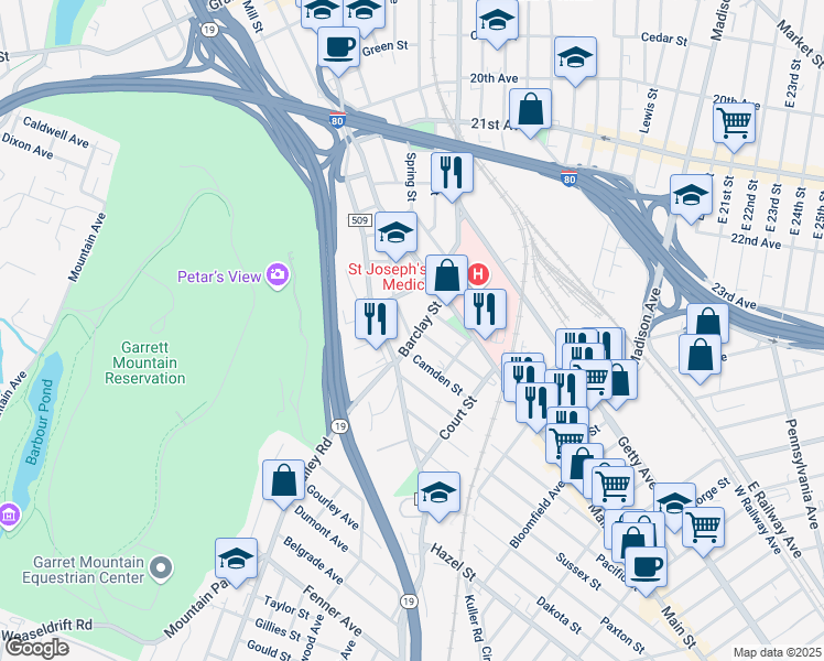 map of restaurants, bars, coffee shops, grocery stores, and more near 152 Barclay Street in Paterson