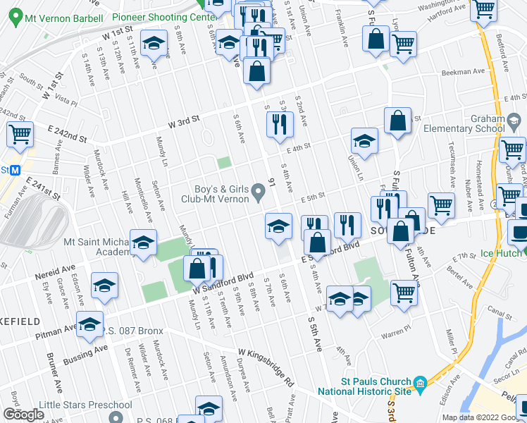 map of restaurants, bars, coffee shops, grocery stores, and more near S 6th Ave & W 5th St in Mt Vernon