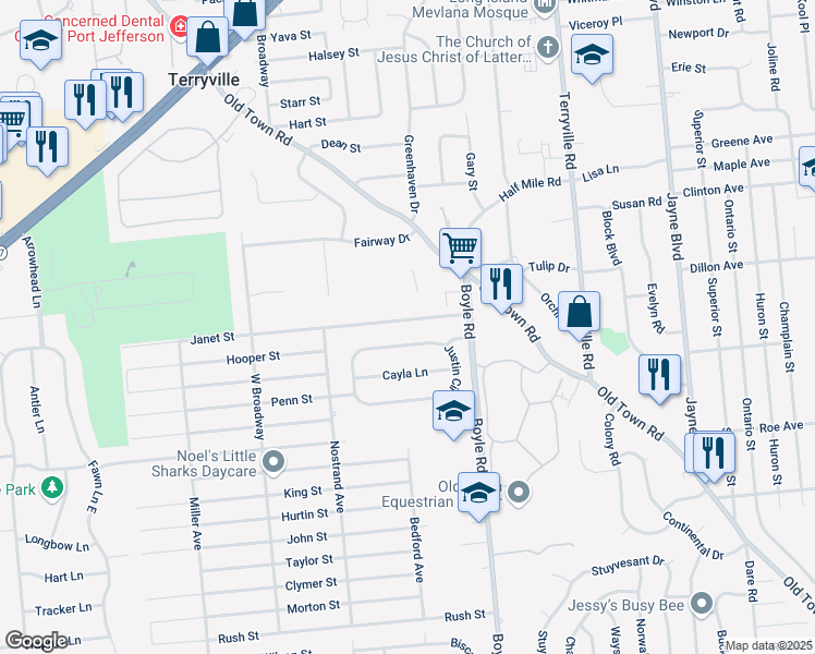 map of restaurants, bars, coffee shops, grocery stores, and more near 19 Janet Street in Port Jefferson Station