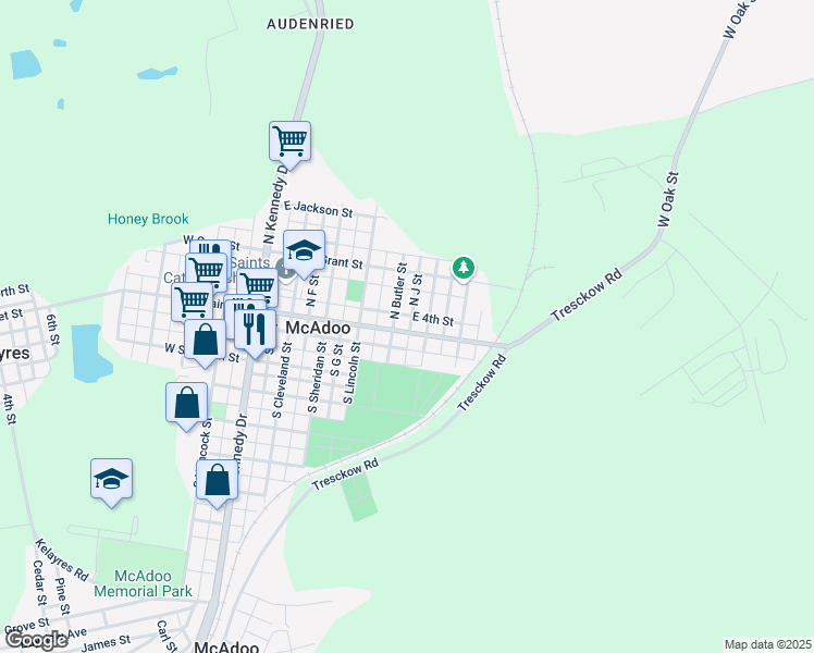 map of restaurants, bars, coffee shops, grocery stores, and more near 407 East Blaine Street in McAdoo