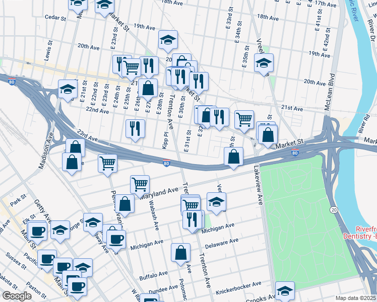 map of restaurants, bars, coffee shops, grocery stores, and more near 245 23rd Avenue in Paterson