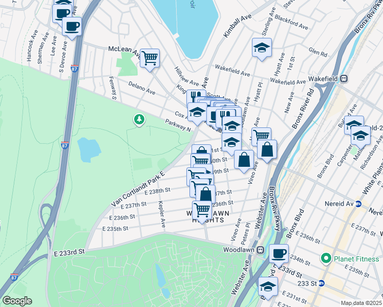 map of restaurants, bars, coffee shops, grocery stores, and more near in The Bronx