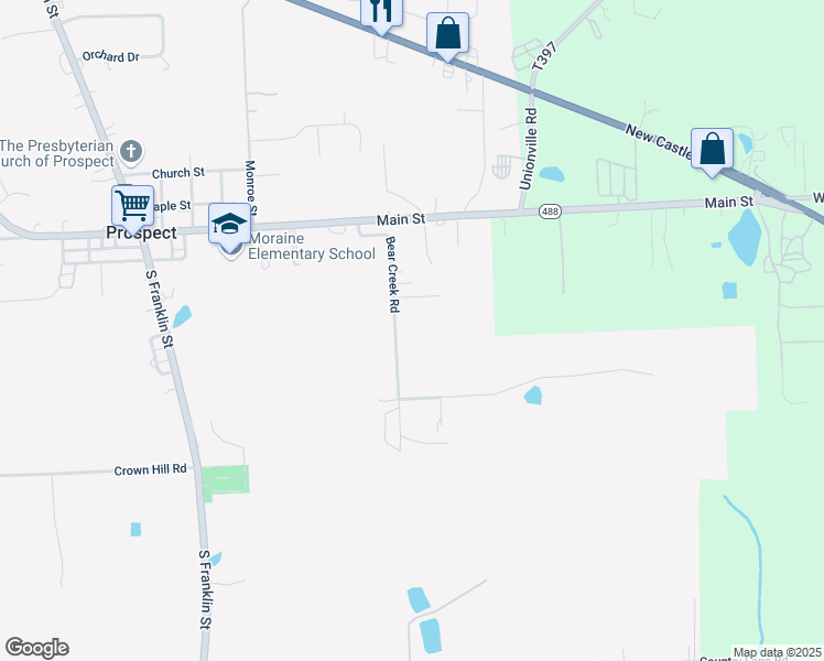 map of restaurants, bars, coffee shops, grocery stores, and more near 154 Bear Creek Road in Prospect