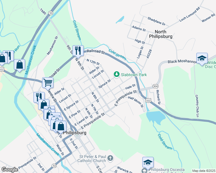 map of restaurants, bars, coffee shops, grocery stores, and more near 1001-1099 Spruce Street in Philipsburg