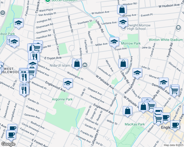 map of restaurants, bars, coffee shops, grocery stores, and more near 377 West Palisade Avenue in Englewood