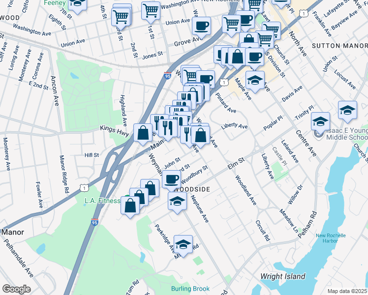map of restaurants, bars, coffee shops, grocery stores, and more near 30 Allard Avenue in New Rochelle