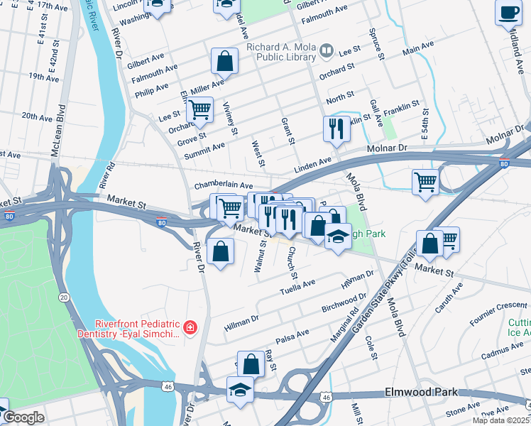 map of restaurants, bars, coffee shops, grocery stores, and more near 1 South Center Street in Elmwood Park