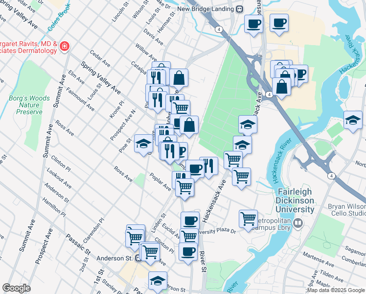 map of restaurants, bars, coffee shops, grocery stores, and more near 9 Lawton Street in Hackensack