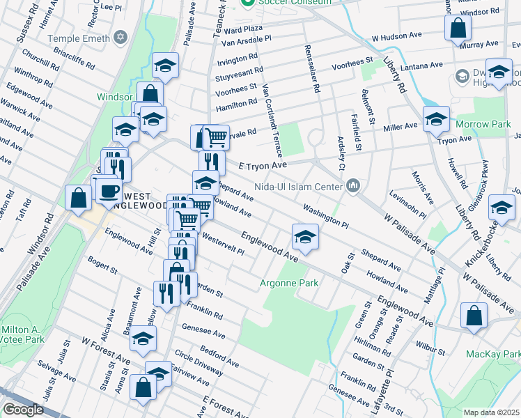 map of restaurants, bars, coffee shops, grocery stores, and more near 109 Shepard Avenue in Teaneck