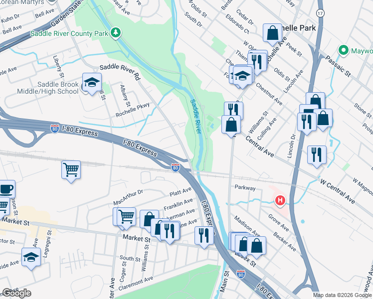 map of restaurants, bars, coffee shops, grocery stores, and more near 200 Saddle River Road in Saddle Brook
