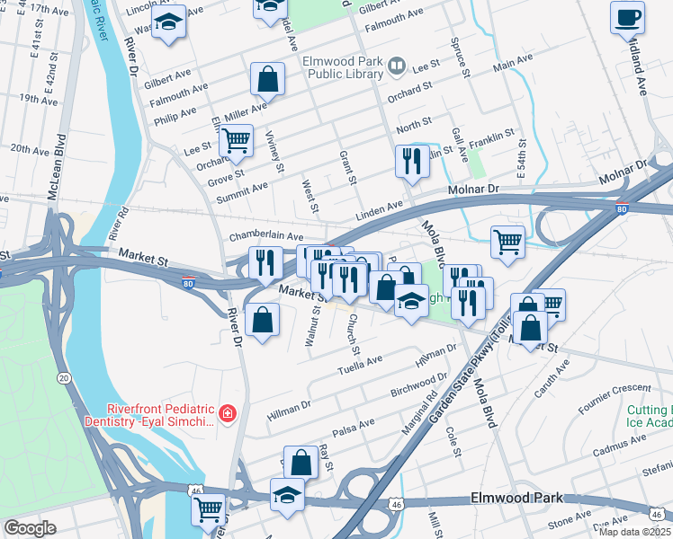 map of restaurants, bars, coffee shops, grocery stores, and more near Van Riper Avenue & Chestnut Street in Elmwood Park