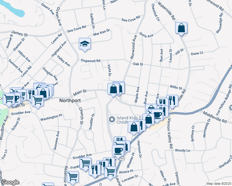 map of restaurants, bars, coffee shops, grocery stores, and more near 31 Norwood Avenue in Northport