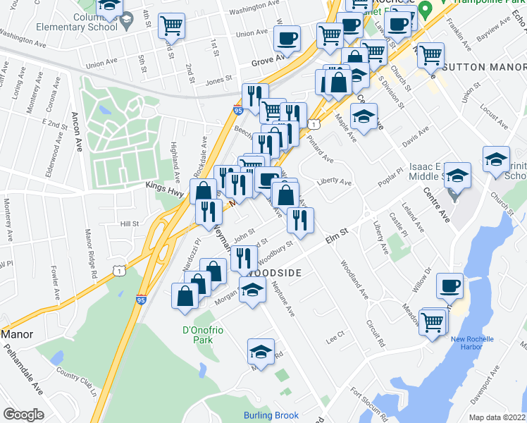 map of restaurants, bars, coffee shops, grocery stores, and more near 21 Drake Avenue in New Rochelle