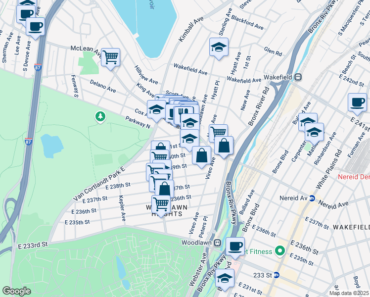 map of restaurants, bars, coffee shops, grocery stores, and more near 4391 Martha Avenue in Bronx