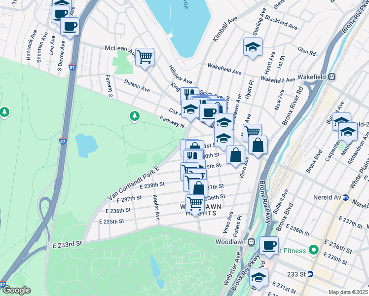 map of restaurants, bars, coffee shops, grocery stores, and more near 4482 Van Cortlandt Park East in Bronx